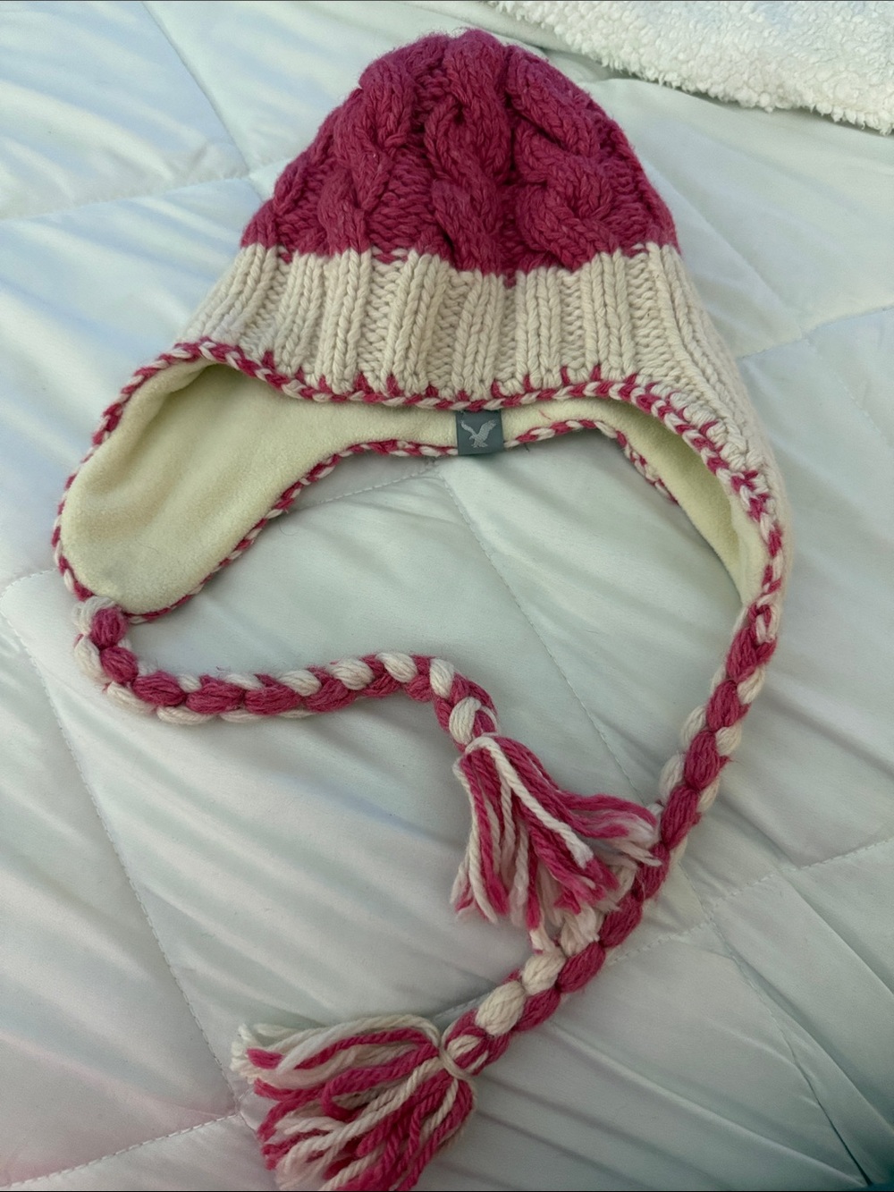 American Eagle Outfitters Pink and Cream Cable Knit Earflap Hat for Kids